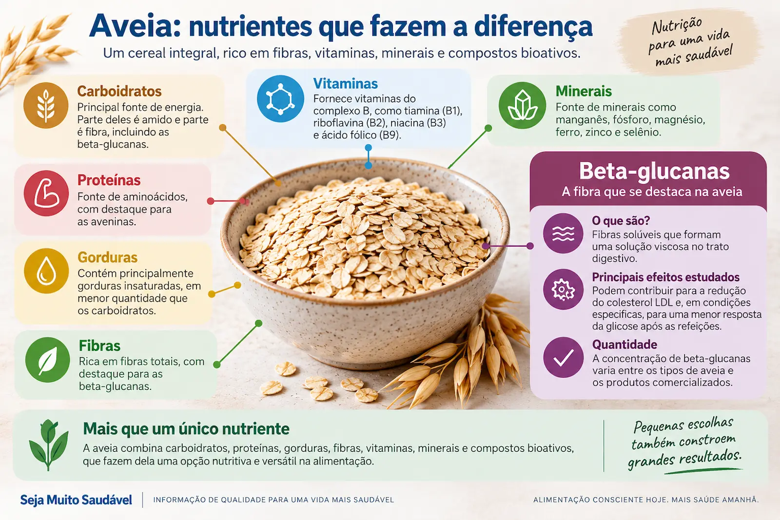 Infográfico sobre nutrientes e beta-glucanas presentes na aveia