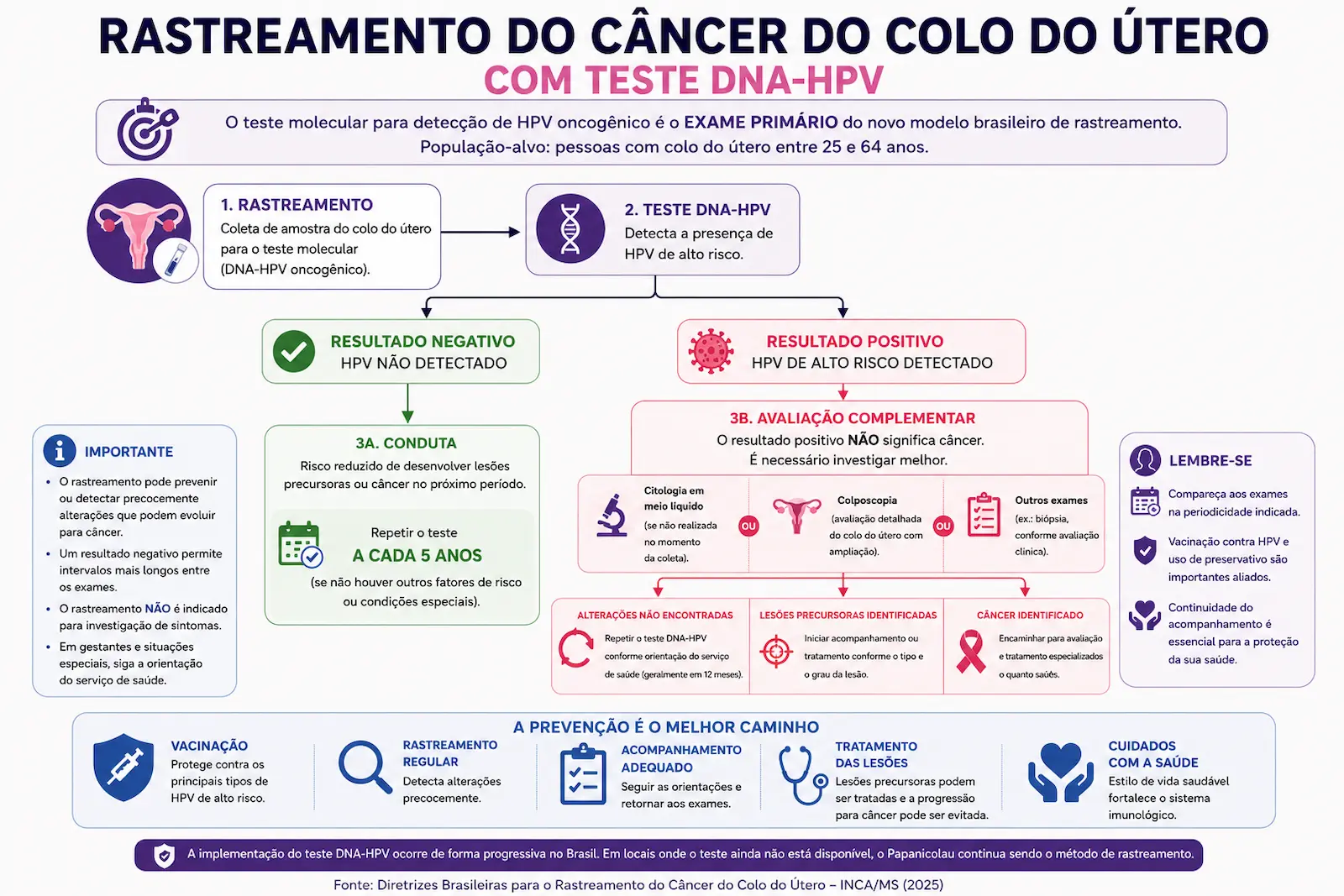 Como funciona o rastreamento do câncer do colo do útero Fluxograma educativo mostrando rastreamento do câncer do colo do útero com teste DNA-HPV, resultado negativo e avaliação complementar quando positivo