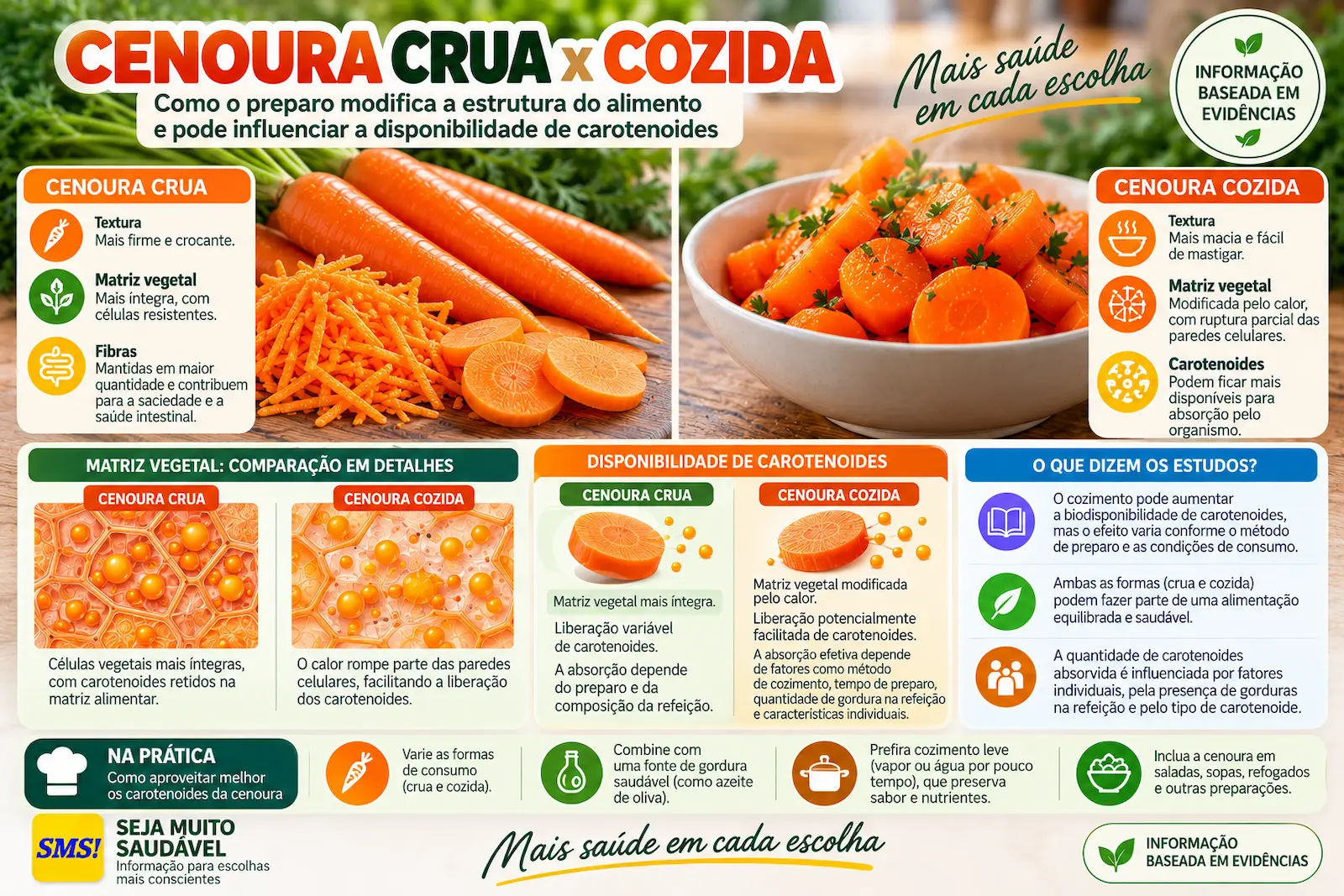 Comparação entre cenoura crua e cenoura cozida mostrando textura, matriz vegetal e disponibilidade de carotenoides
