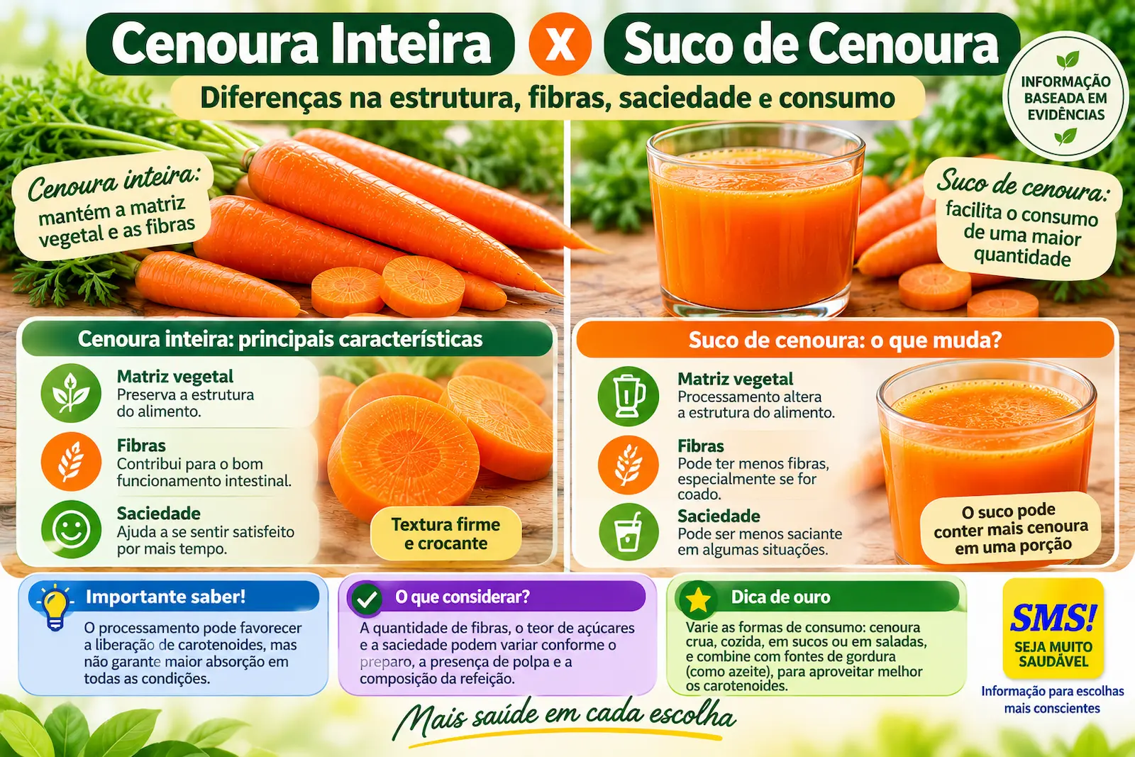 Comparação entre cenoura inteira e suco de cenoura mostrando diferenças de estrutura, fibras e consumo