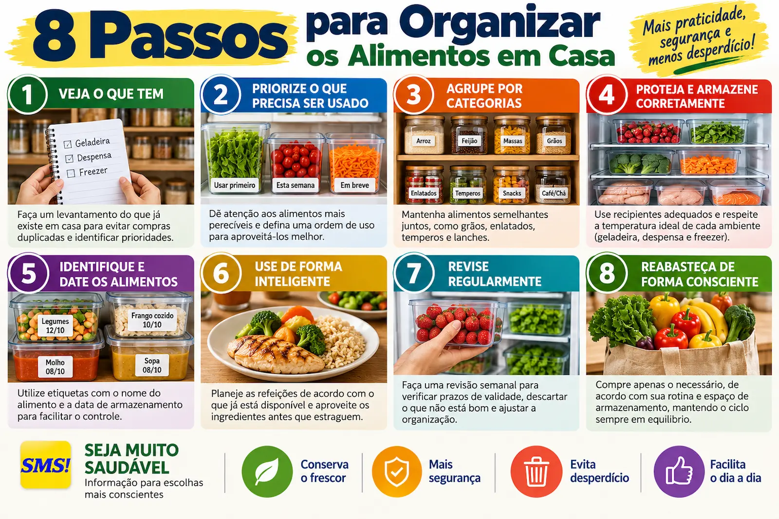 Infográfico com oito passos para organizar os alimentos em casa de forma prática