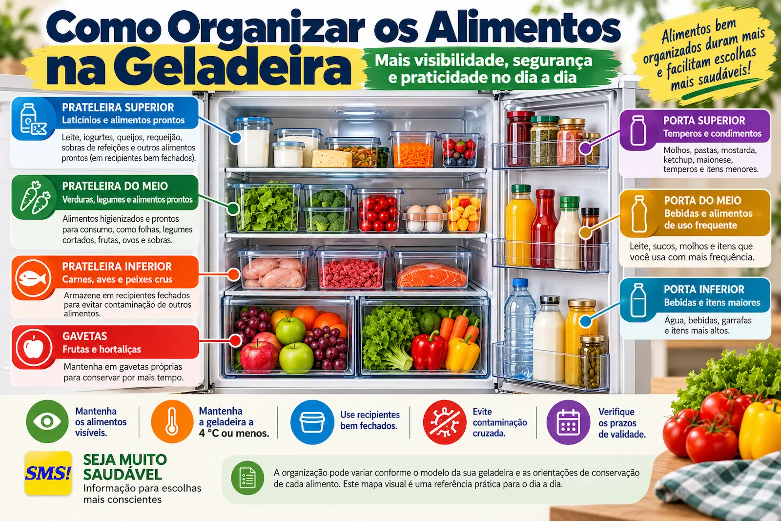 Mapa visual mostrando como organizar alimentos na geladeira com atenção à visibilidade e segurança