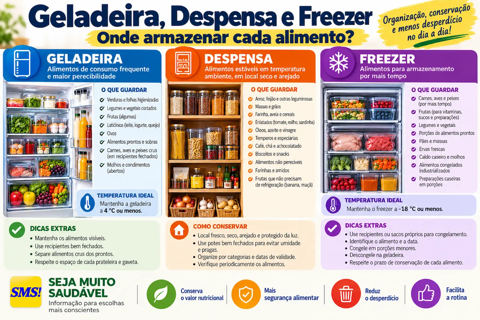 Infográfico comparando geladeira, despensa e freezer para organização e armazenamento dos alimentos