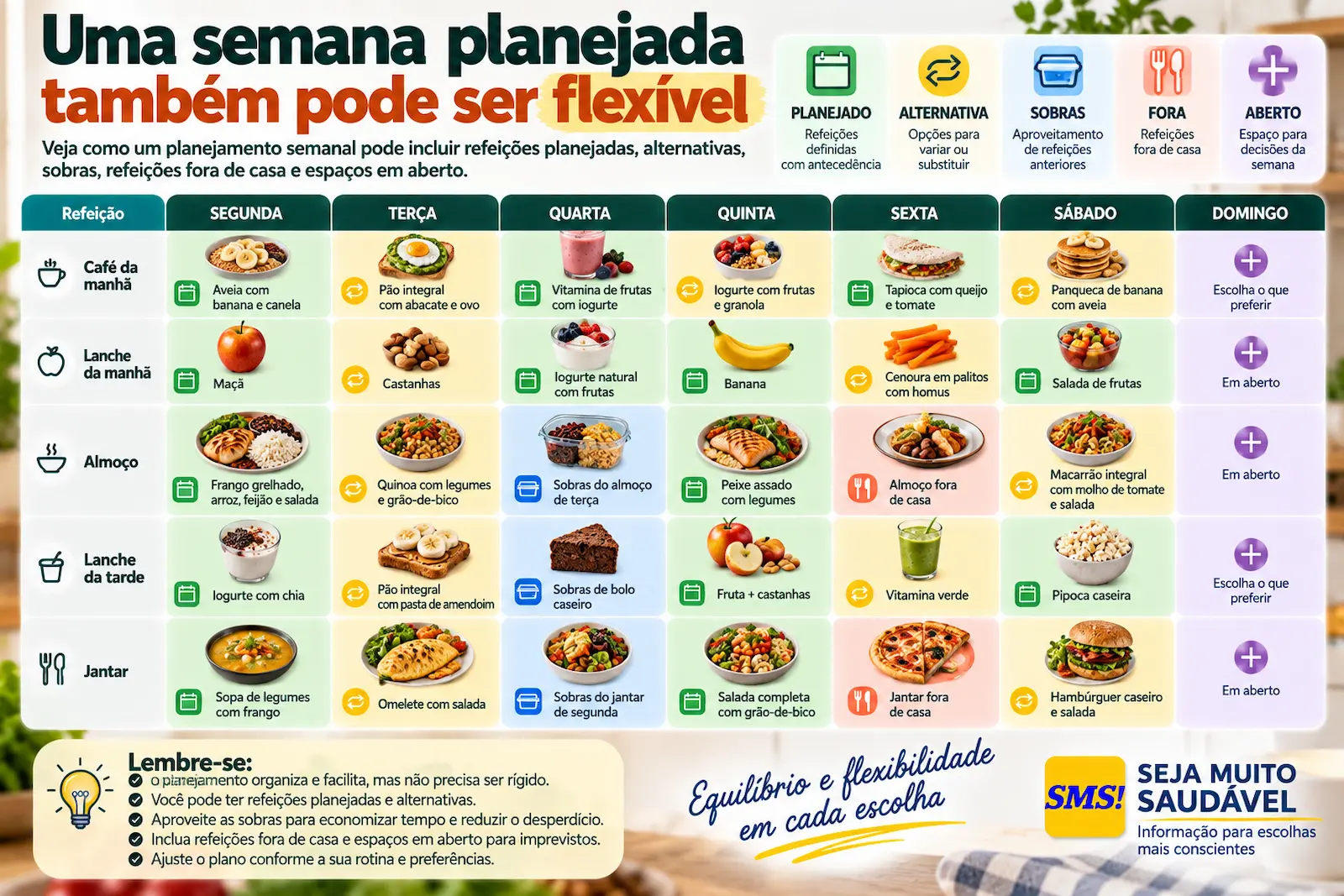Calendário semanal flexível com refeições planejadas, alternativas, sobras, refeições fora de casa e espaços em aberto